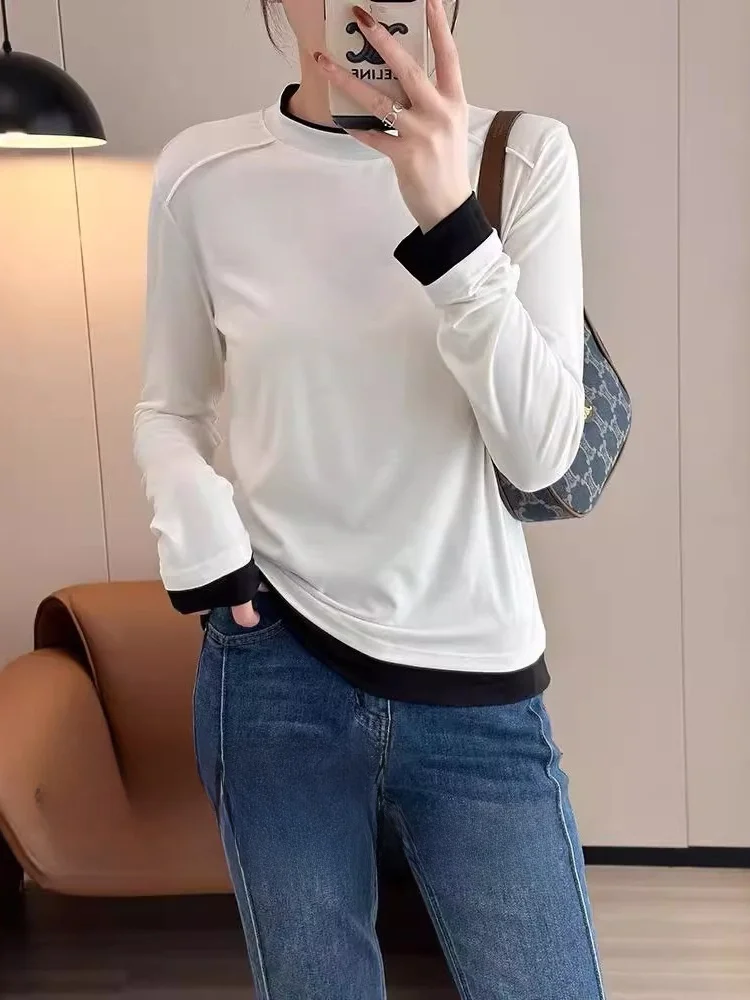 T-shirt da Donna a Maniche Lunghe con Design a Spalle Scoperte, Alta Elasticità, Casual, Versatile e Comoda, Indossabile come Intimo o Capo Esterno