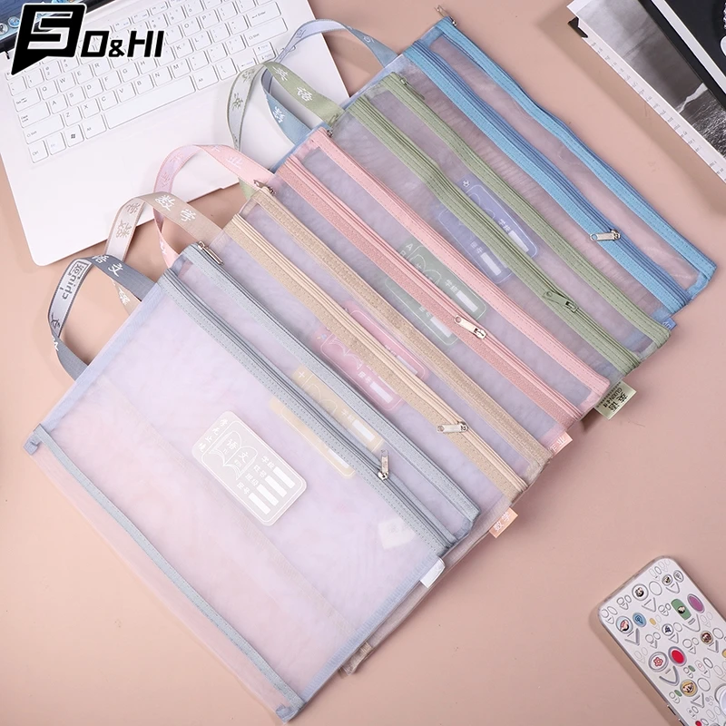 Nylon Mesh File Bag com zíper transparente, Test Paper Information Bag, Office Student Pen Bag, Assunto Puzzle Storage Bag, A4, 5Pcs