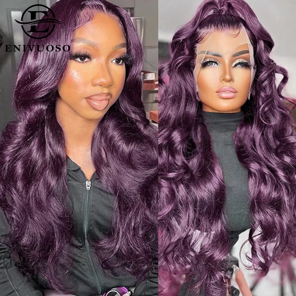 Dark Purple Colored Long Wavy Synthetic Hair Wigs For Women High Temperature Fiber Body Wave 13x4 HD Lace Front Wig Pre Plucked