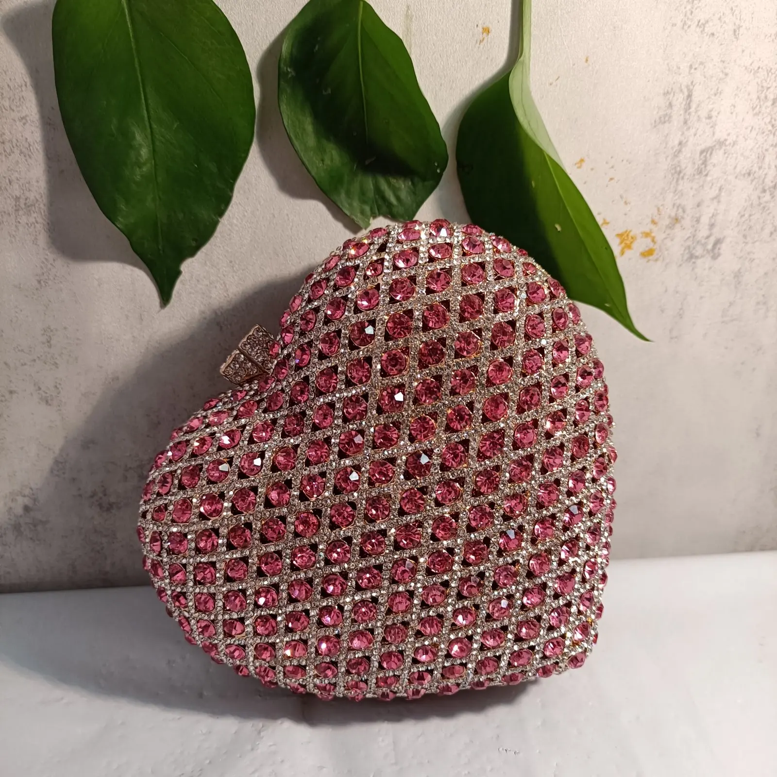 XIYUAN-Bolso de mano con forma de corazón para mujer, color rosa y plateado, con cristales, para boda, novia, con diamantes, cena, fiesta, noche, elegante