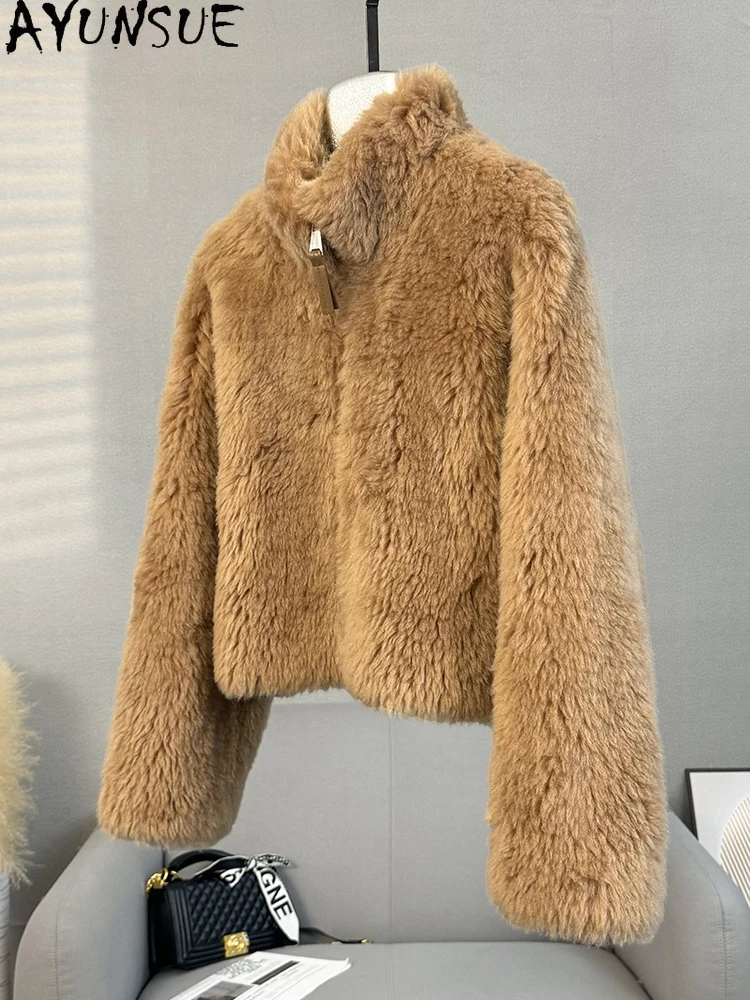 سترة نسائية من الصوف الطبيعي 100% من AYUNSUE بياقة واقفة وسترة من فراء الضأن ملابس نسائية عالية الجودة جديدة في ملابس خارجية كوكفاتا ميخيم