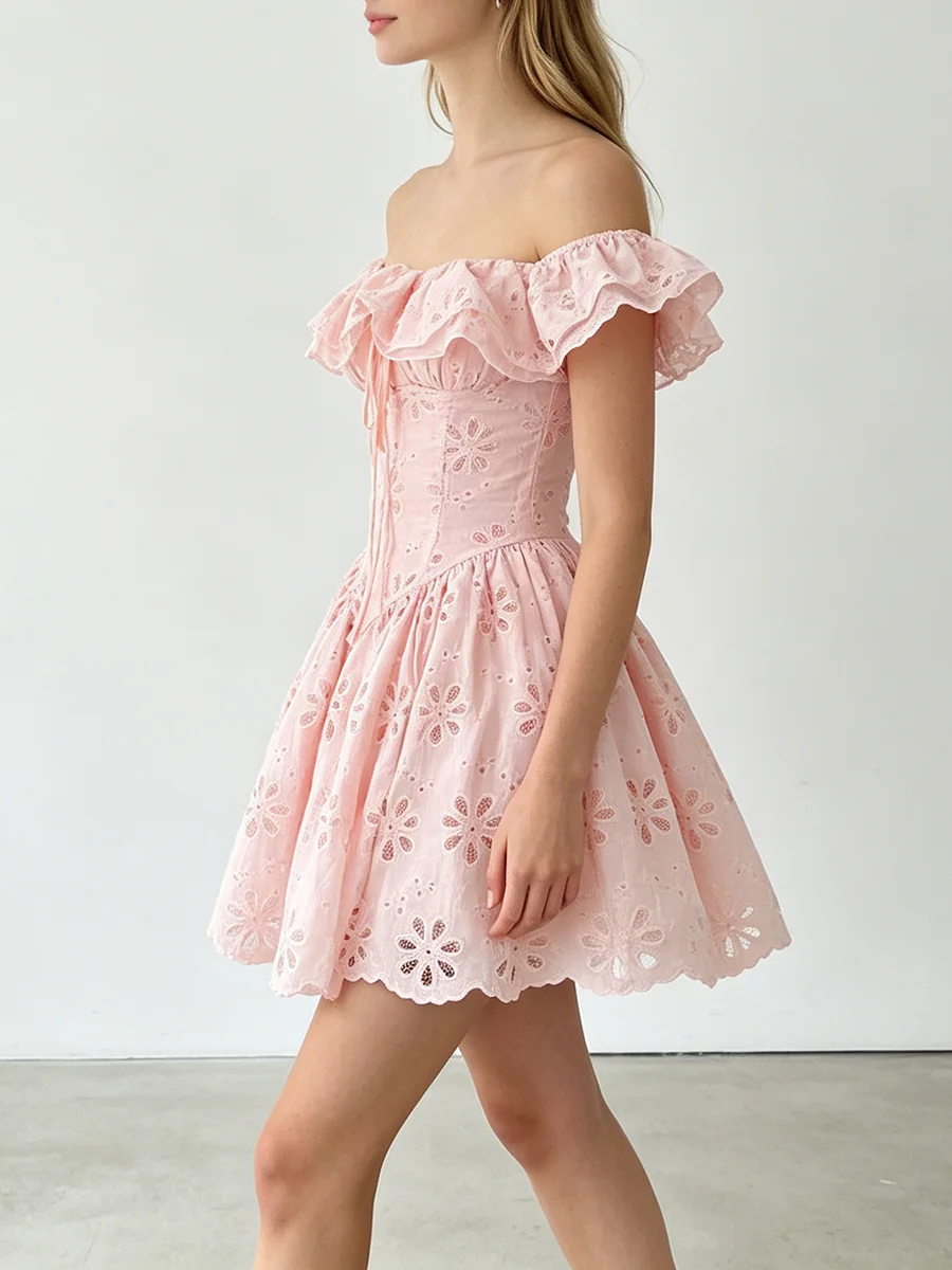 TWOTWINSTYLE Embroidery Solid Sweet Dresses for Women Square Flying Sleeve High Waist Slimming A Line Mini Dress Female Fashion - view 4