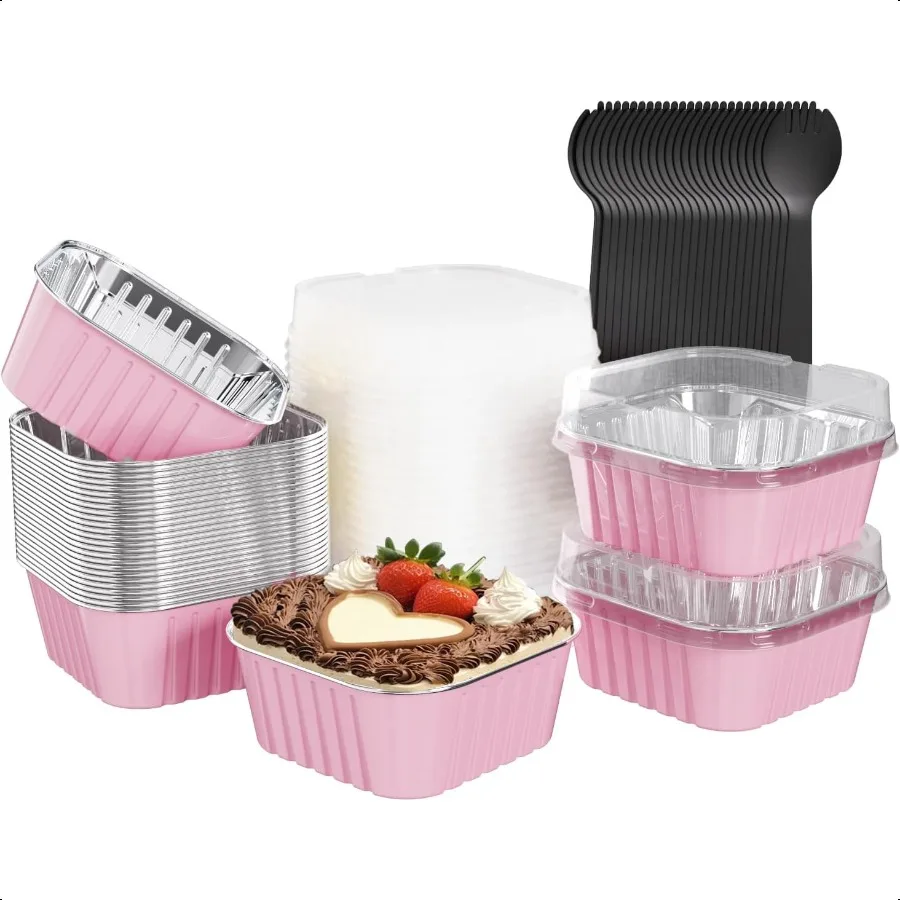 

25 Pack Square Mini Cake Pans with LidsMini Loaf Pans with Lids Aluminum Foil Baking Cups Disposable Ramekins Cupcake Cups Dess
