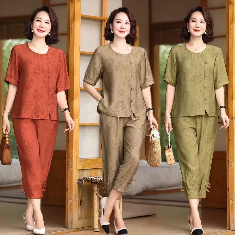 

Летняя футболка с искусственными пуговицами и брюки, вязаный комплект, женская повседневная одежда универсального размера, большая женская модная повседневная одежда