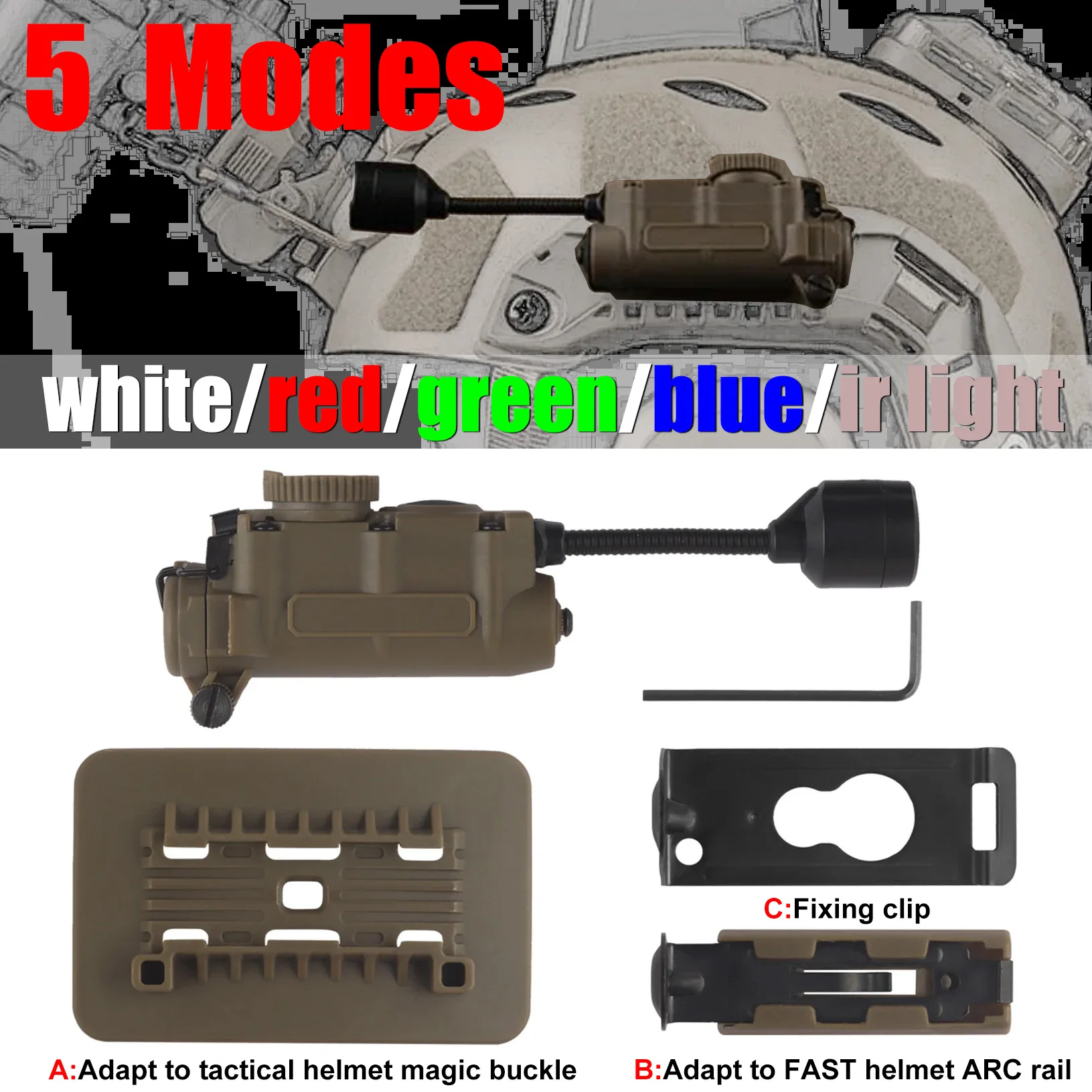 

Tactical Helmet Strobe Light,Sidewinder LED Helmet Light,White Red Green Blue IR Light,Stalk Arc Rail Helmet Clip FlashLight
