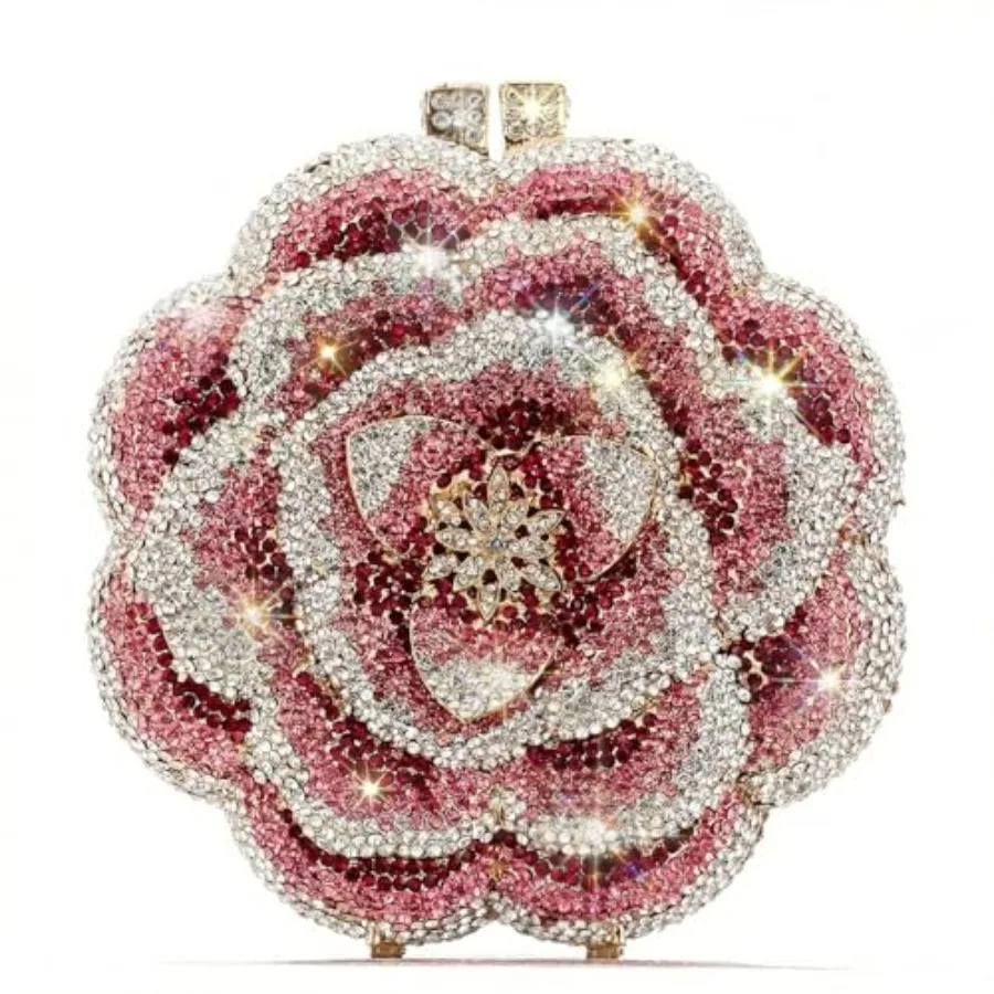 Evening Bags for Women: Rhinestone-Embellished Pink Flower-Shaped Handmade Clutch with Metal Chain and Diamond Accents