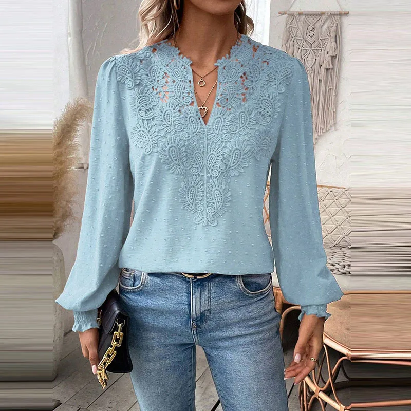 Camisas de retazos de encaje con cuello en V para mujer, blusas elegantes de manga larga para oficina y fiesta, jerséis de Color sólido, moda de otoño, nuevo