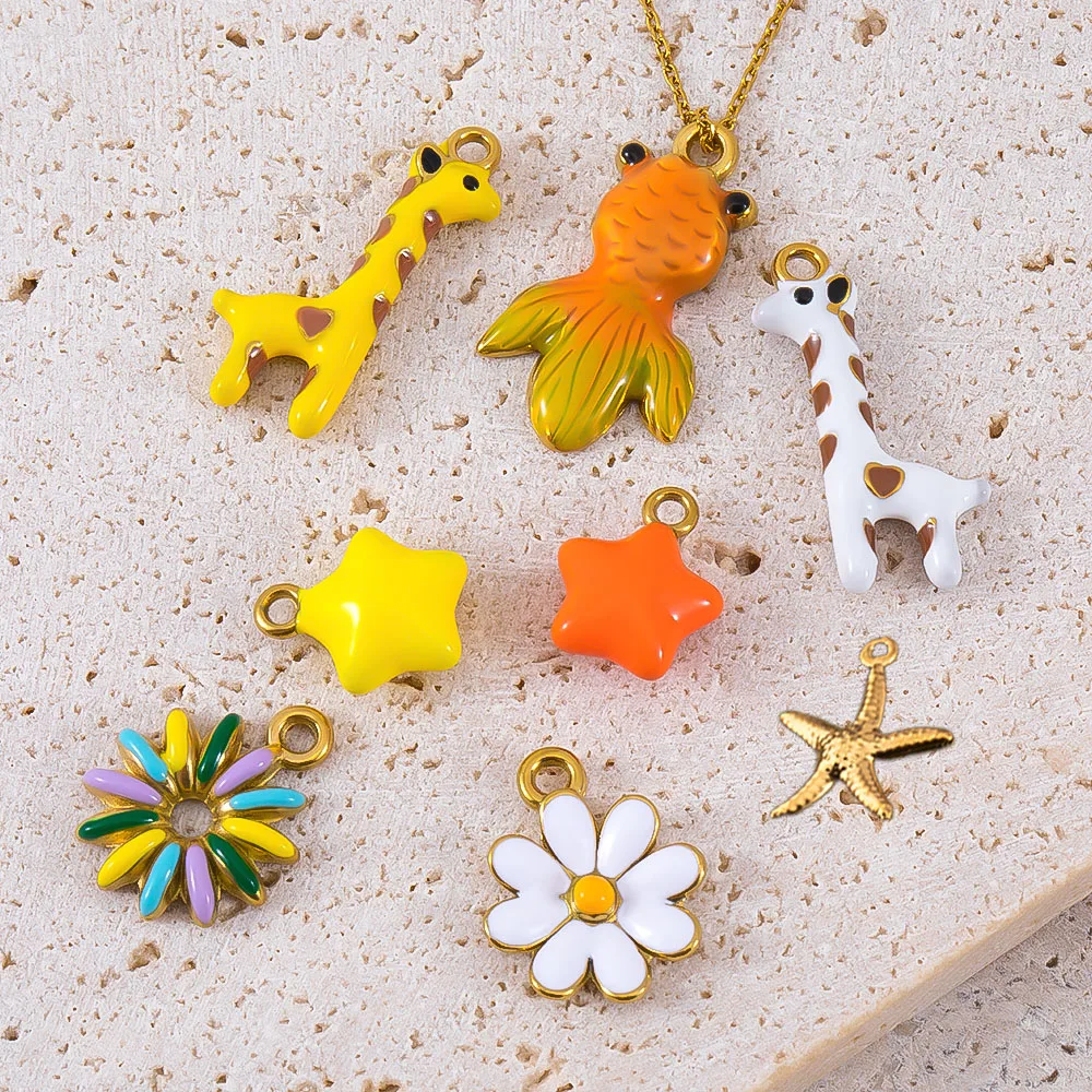 2pcs Stainless Steel Animals Pendant Flower Elephant Shell Goldfish Star Necklace Earring Charm for Jewelry Making Birthday Gift