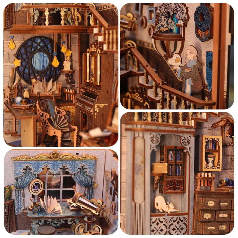 CUTEBEE DIY Book Nook Kit Doll house with Touch Light Dust Cover Bookshelf Insert Model Toy for Birthday Gifts Nebula Rest Room