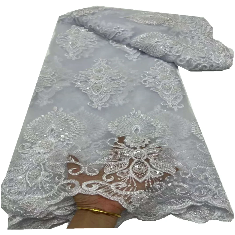 

High Quality Lace 5 Yards French Lace Fabric WHITE Nigerian Lace Fabrics African Sequins Lace Fabric For Wedding Party FR66