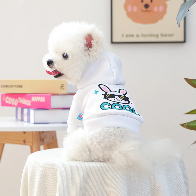 

Pet Dog Cat Hoodie White Rabbit "Cool" Autumn Winter Warm, Cute Small Puppy Comfortable Cozy Casual Sweatshirt Outfit