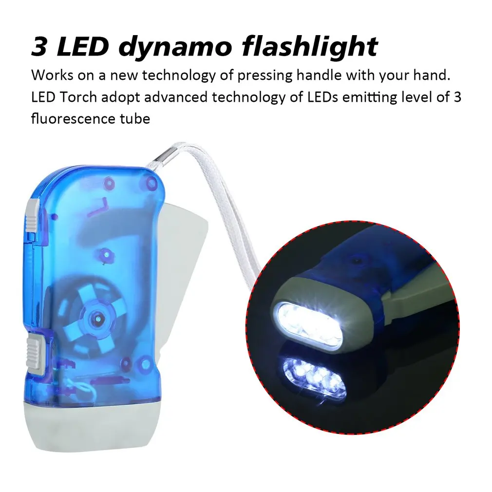 Linterna Dinamo de presión manual para el hogar, luz de antorcha de viento, manivela, lámpara de Camping, 3 LED