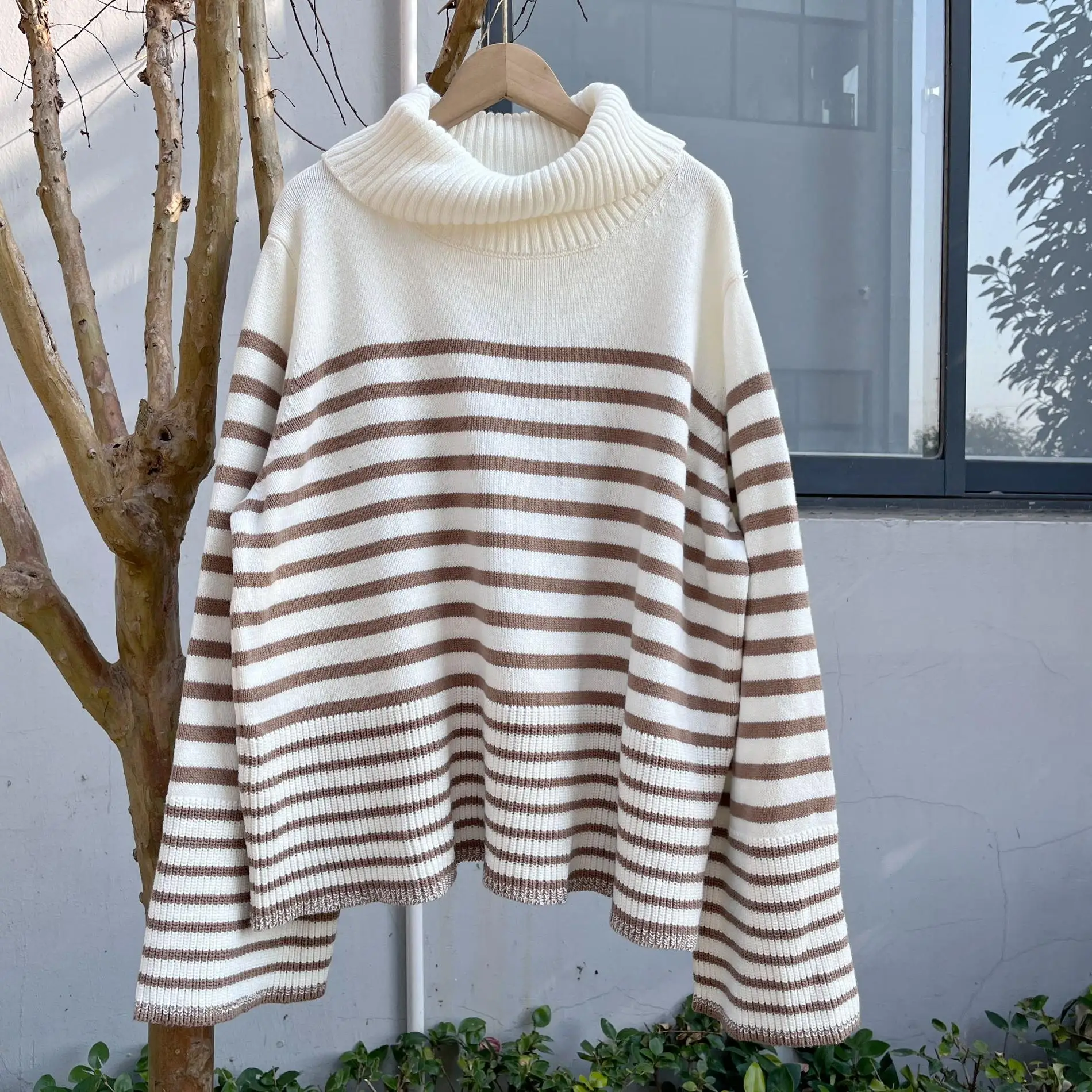 

Loose Fit High Collar Long Sve Knitted Cotton Sweater Faionable Korean Sle Y2 Stripe Pattern Overhead Top