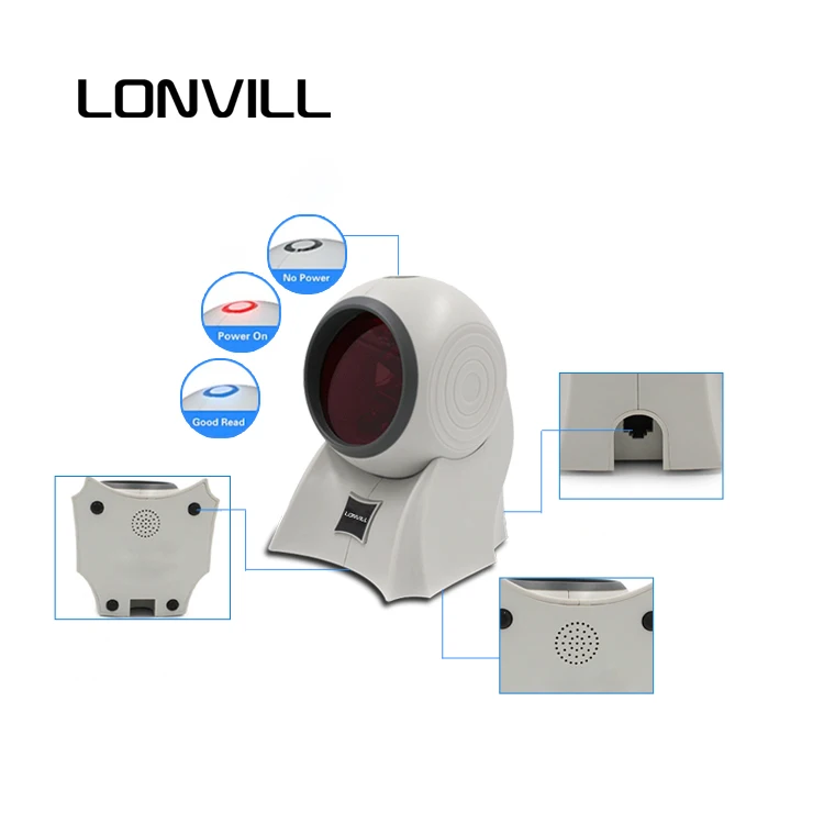 LONVILL Red Blue Dual LED Indicator Adjustable Buzzer Volume Hands Free Desktop Barcode Scanner for Noisy Environment Cafeteria