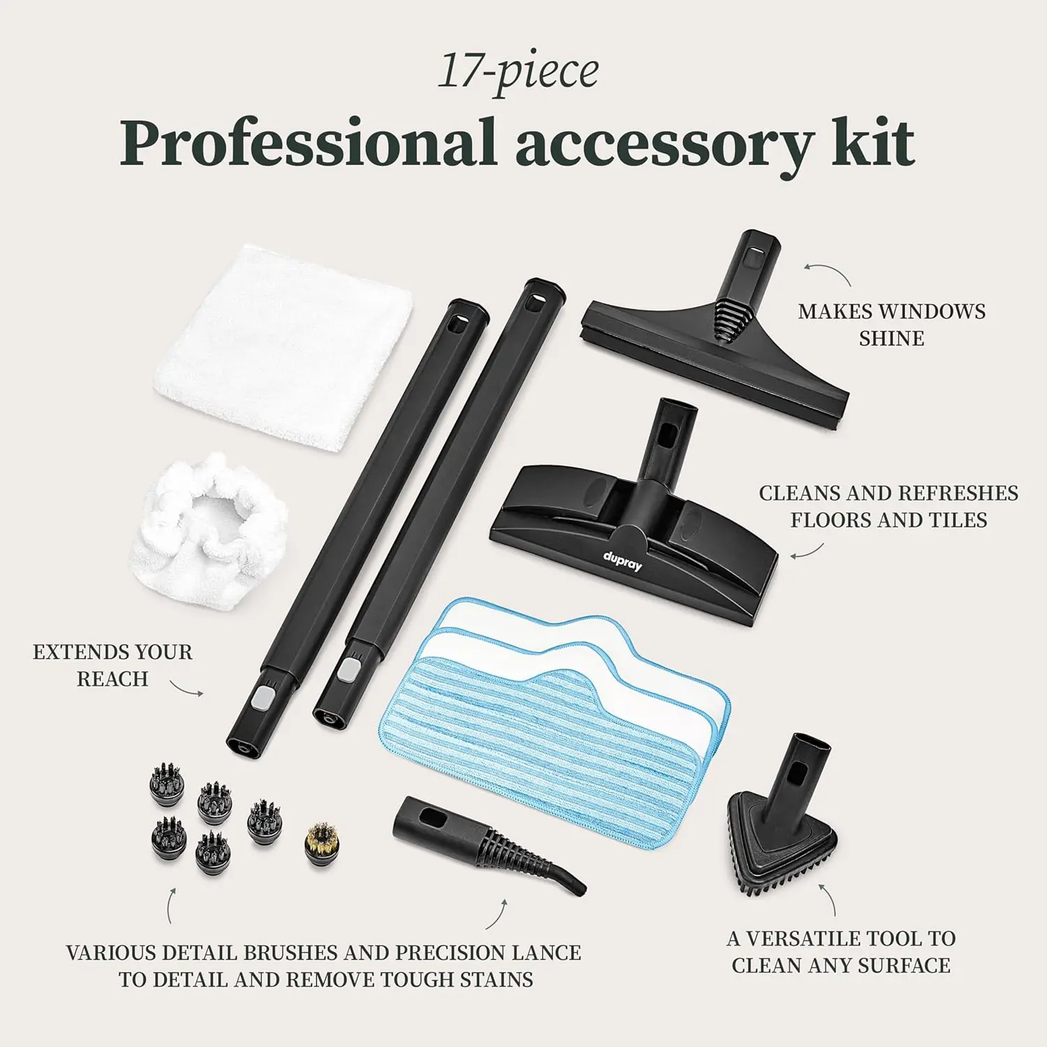 Комплект из 17 предметов Tidy Steam Cleaner — мощный очиститель полов без химикатов, обеспечивающий универсальный, для глубокой очистки.