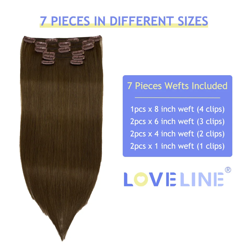 LOVELINE Clip in Hair Extensions #4 Brown Hair Real Human Hair  Extensions Straight 7 Pcs Clips 80G Per Pack Full Head For Women