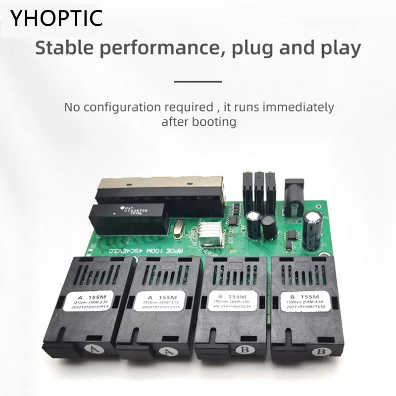 Conmutador de fibra Ethernet rápido POE, convertidor de medios ópticos, SC PCBA, Para Metro Board, 10 m, 100m, 4F2E, 4F4E Output, 12V