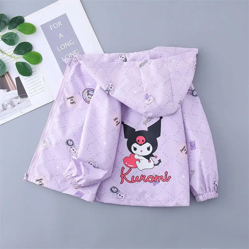 Giacca Sanrio Kuromi Nuovo stile Personaggio anime Protezione solare Cerniera con cappuccio Primavera Autunno Giacca da bambino moda manica lunga per bambini