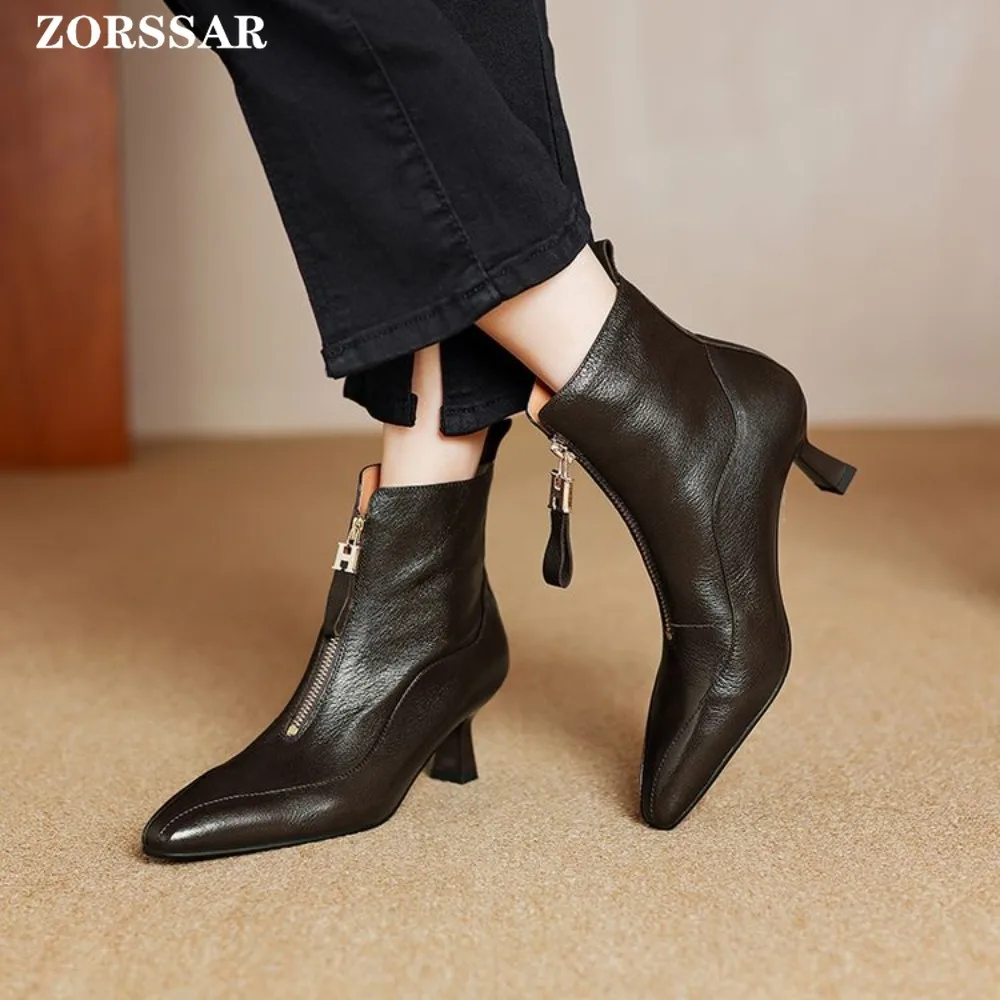 Trend Women Ankle Boots Vintage Female Pumps High Quality Pointed Toe Chelsea Boot Soft Leather Women Shoes Zlp Botas Para Mujer