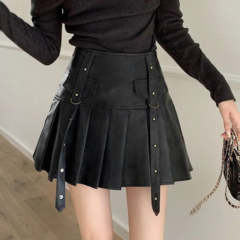 Rok A-Line kulit wanita, rok A-Line kulit hitam lipit Y2k Harajuku Korea Vintage estetika Mini rok pinggang tinggi