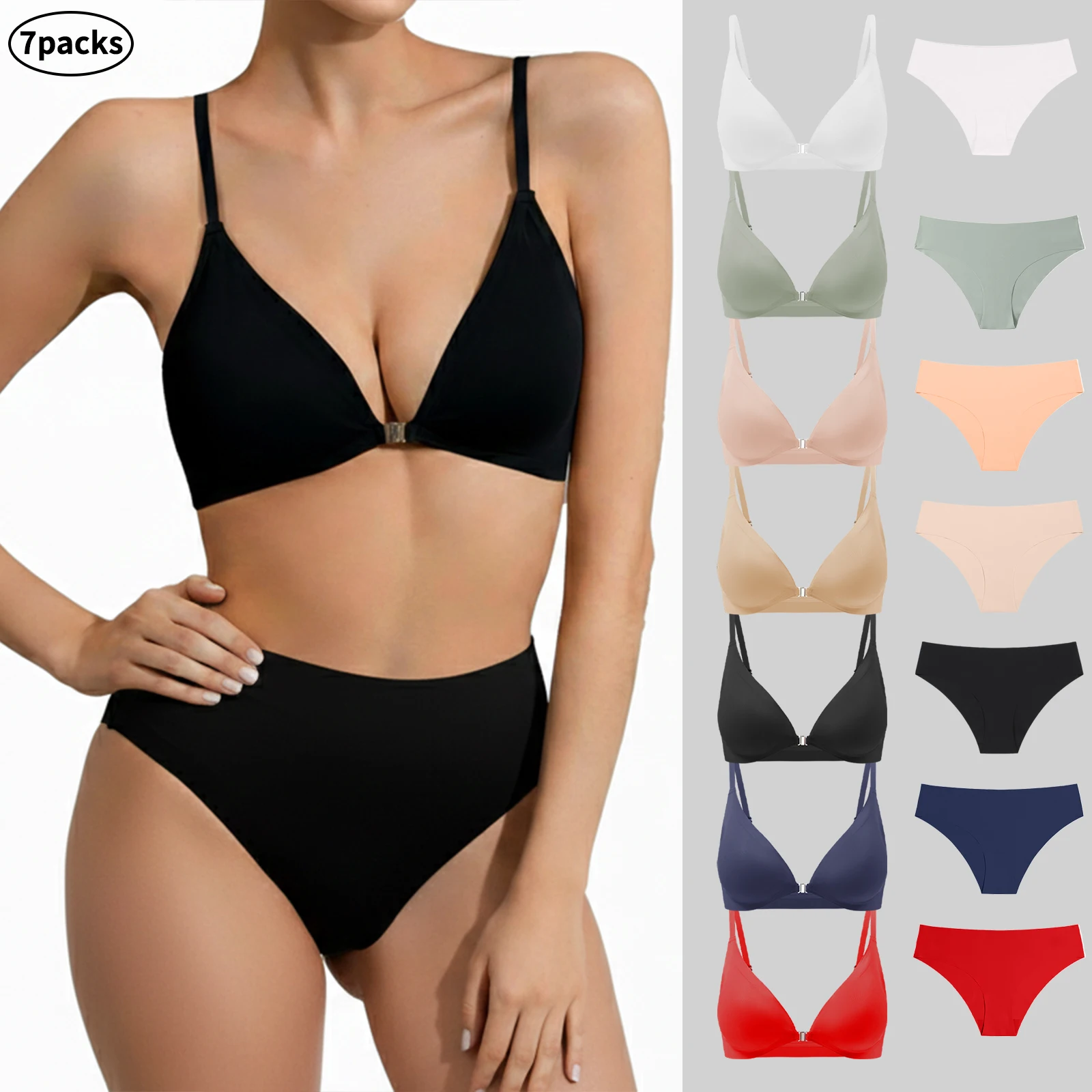 

7 Pack Women's Sexy Bra Panties Set Front Closure Seamless Push-Up Wireless with Removable Padding Basic T-Shirt Lingerie