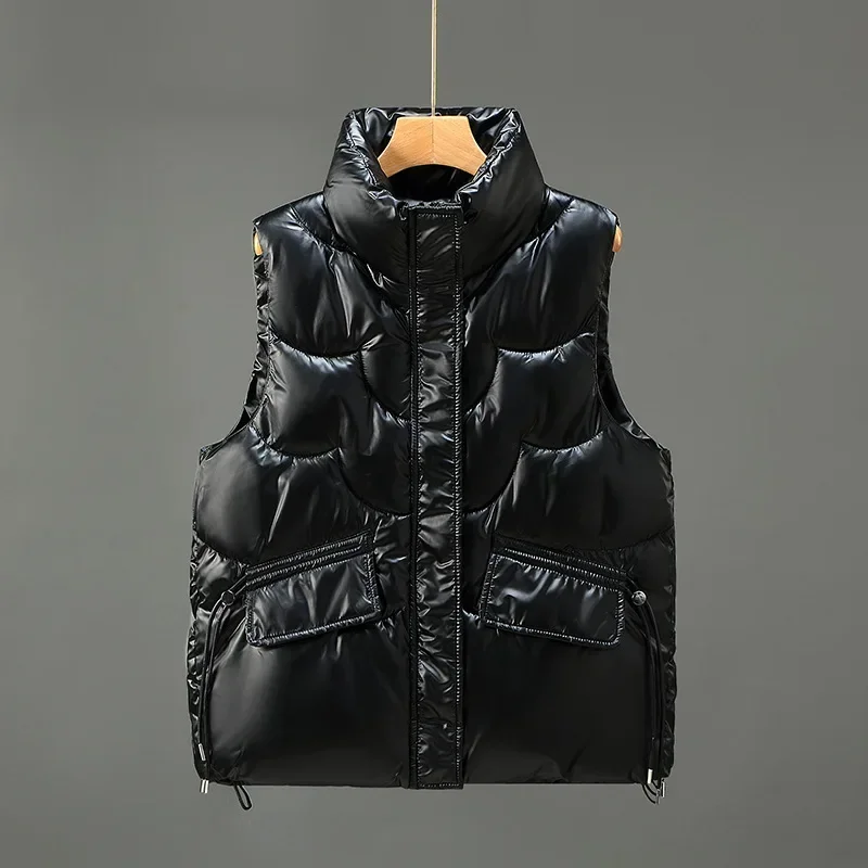 

Women Vests Parkas Sleeveless Stand Collar Solid Color Coats Zipper Pockets High Street Draw String Outerwear Slim Fit Autumn