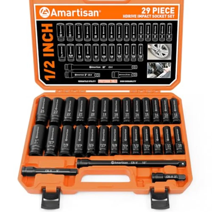 

29-Piece 1/2" Drive Impact Socket Set 6 Point Standard Metric 10-24mm and SAE (3/8" to 1") Cr-V Steel Sockets with Adapters and