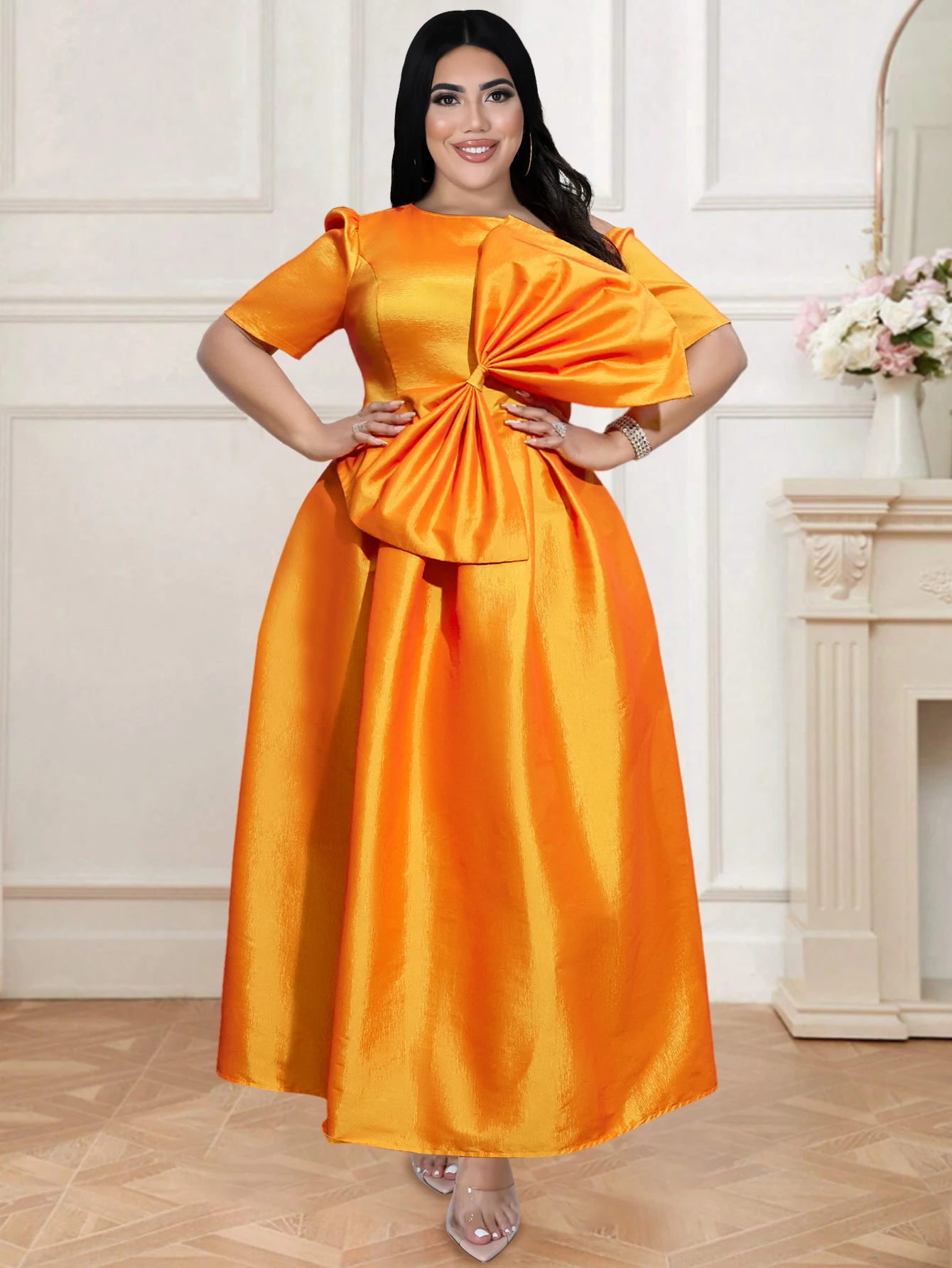 

Plus Size 4XL Party Dress For Women Orange Cold Shoulder Short Sleeves Big Bow Elegant Pleated Gowns Prom Birthday Event Robes