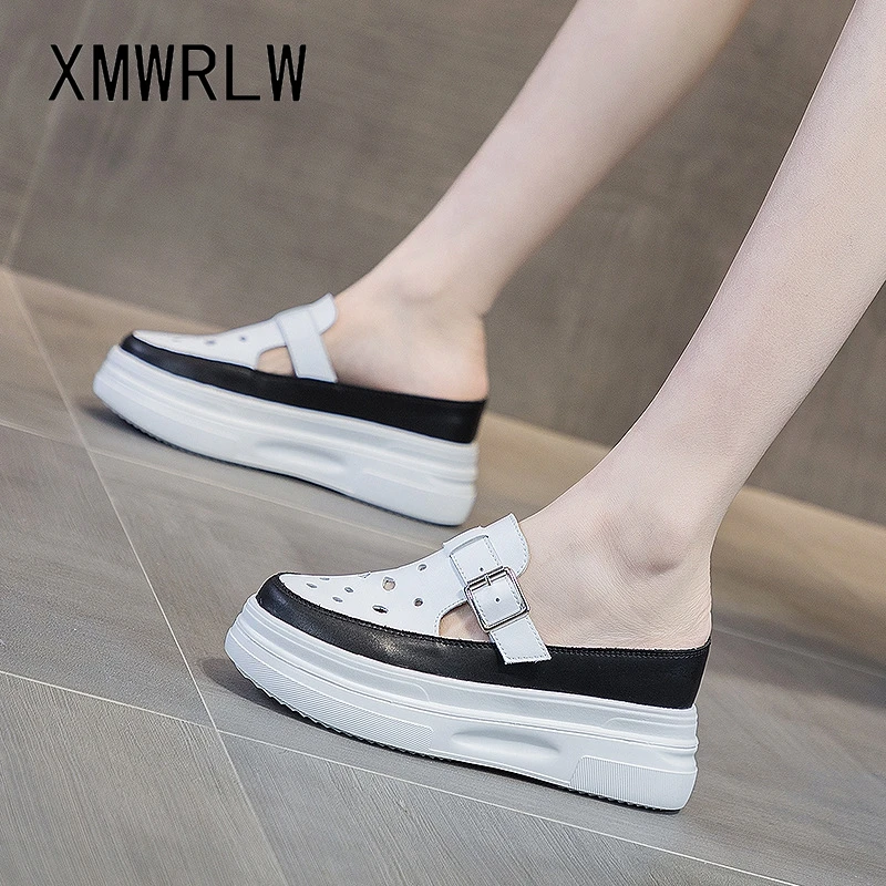 

XMWRLW 2022 Summer Genuine Leather Women Slippers Fashion Buckle Ladies Half Shoes Women High Heels Summer Slippers Beach Shoes