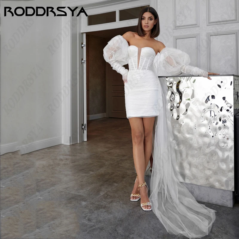 

RODDRSYA Strapless Mini Wedding Dress For Women Elegant Tulle Bridal Party Romantic Lantern Sleeve Backless Vestido De Noiva