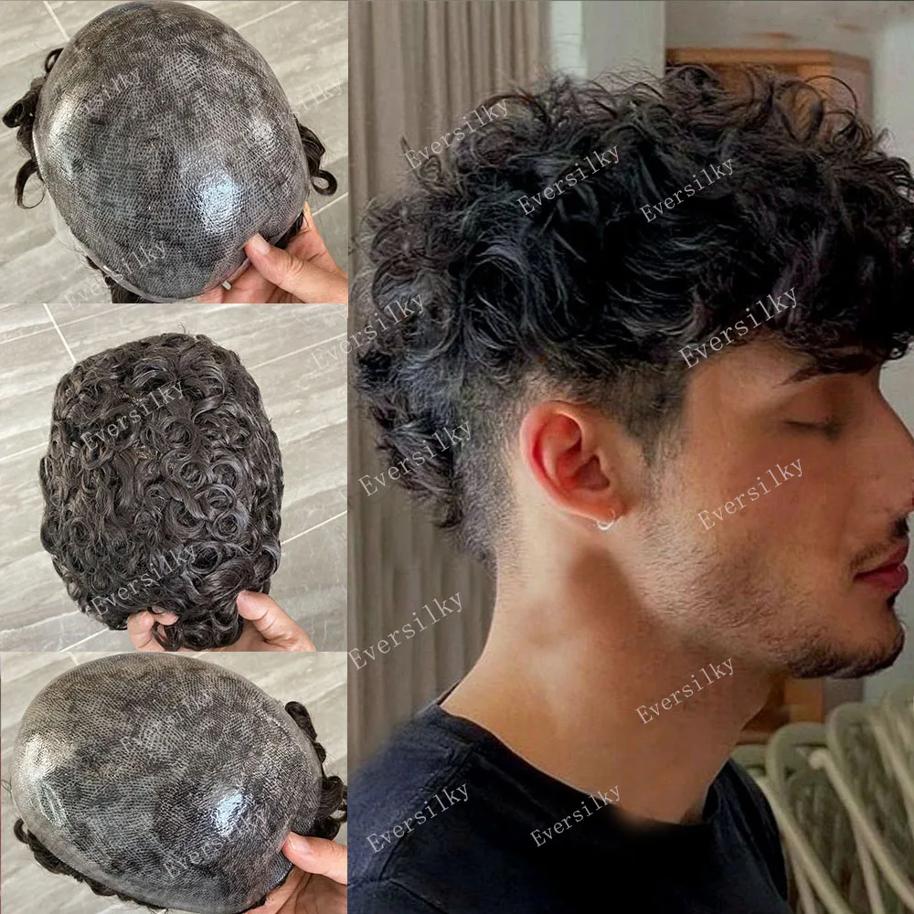 Men Toupee 20mm Afro Curly Wave Man Wig Natural Human Hair Prosthesis Skin PU Remy Hair Replacement System Male Black Hairpieces