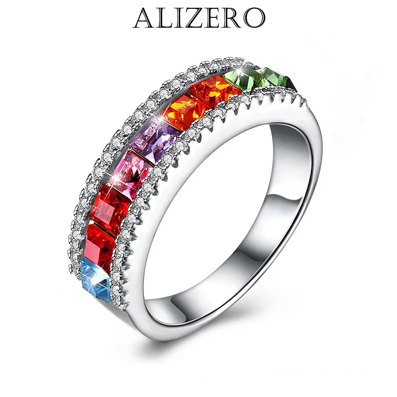 

ALIZERO 925 Sterling Silver Multicolour Zircon Ring For Woman Wedding Engagement Bride Eternal Band Fashion Charm Party Jewelry