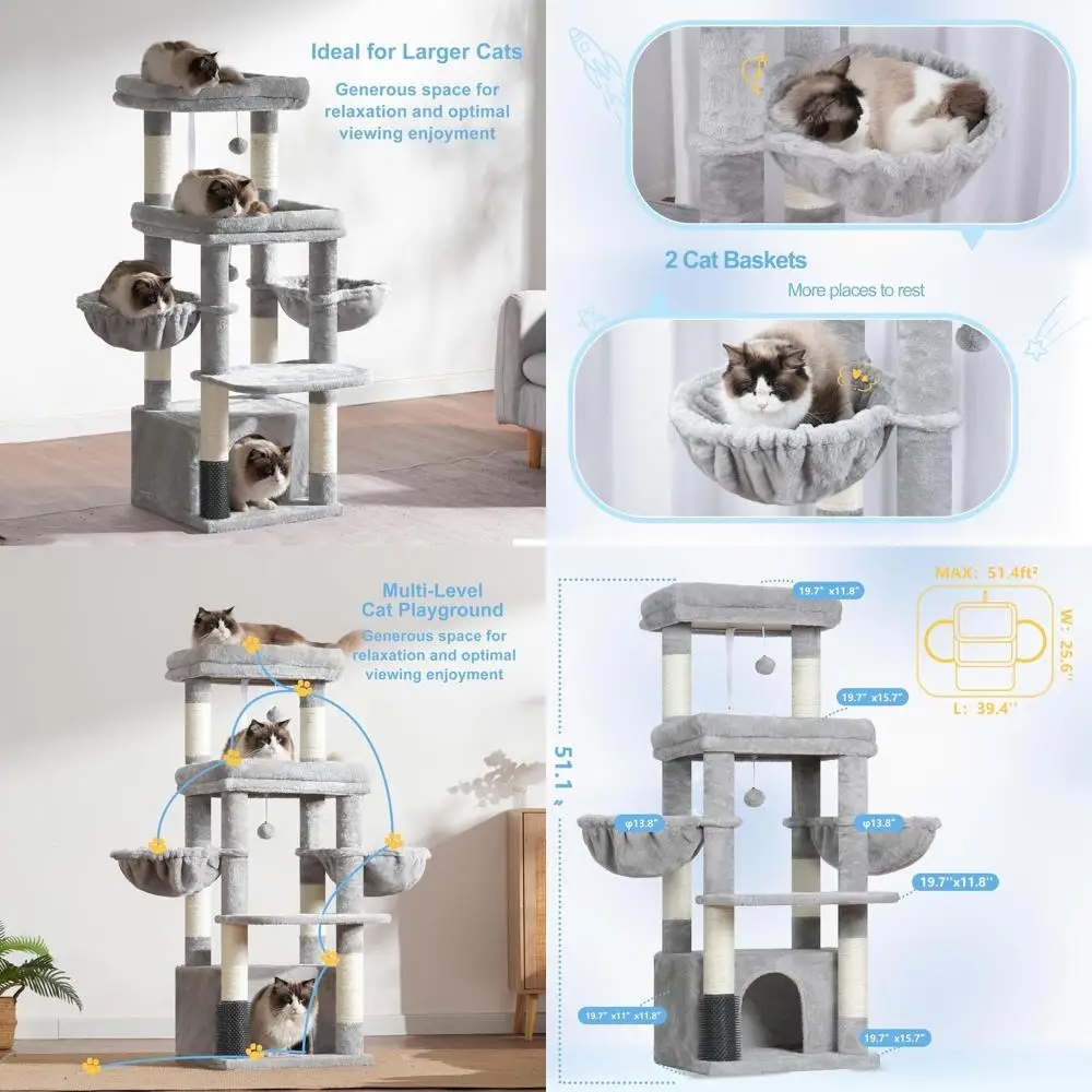 

Jumbo Cat Tree Tower with Large Platform, Spacious Condo, 2 Hammocks, Self-Grooming Brush for Maine Coon Cats, 51.1in, Light Gra