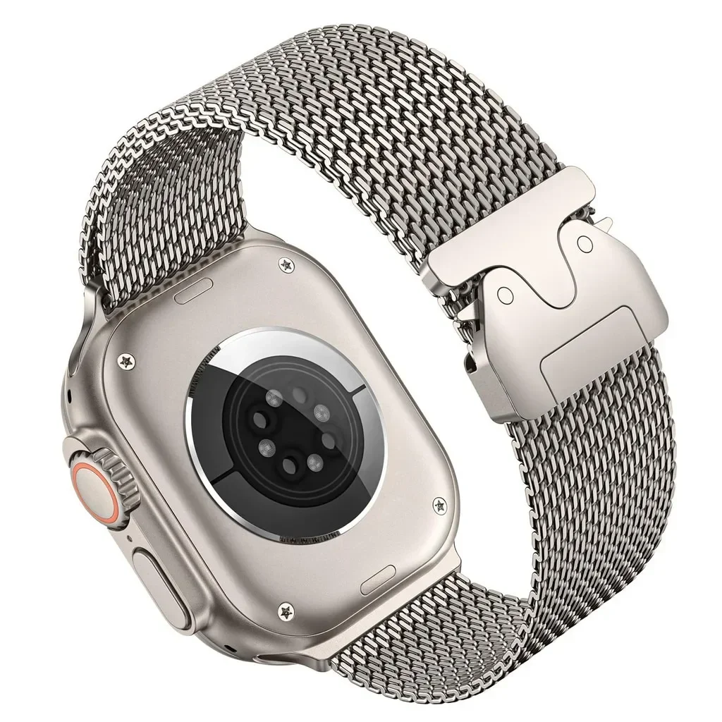 Milanese-Armband für Apple Watch Ultra 2 49mm Serie 10 9 8 7 6 5 Natürliches Titan Milanese-Schlaufe Sichere Fallschirmschnalle – Detail 3