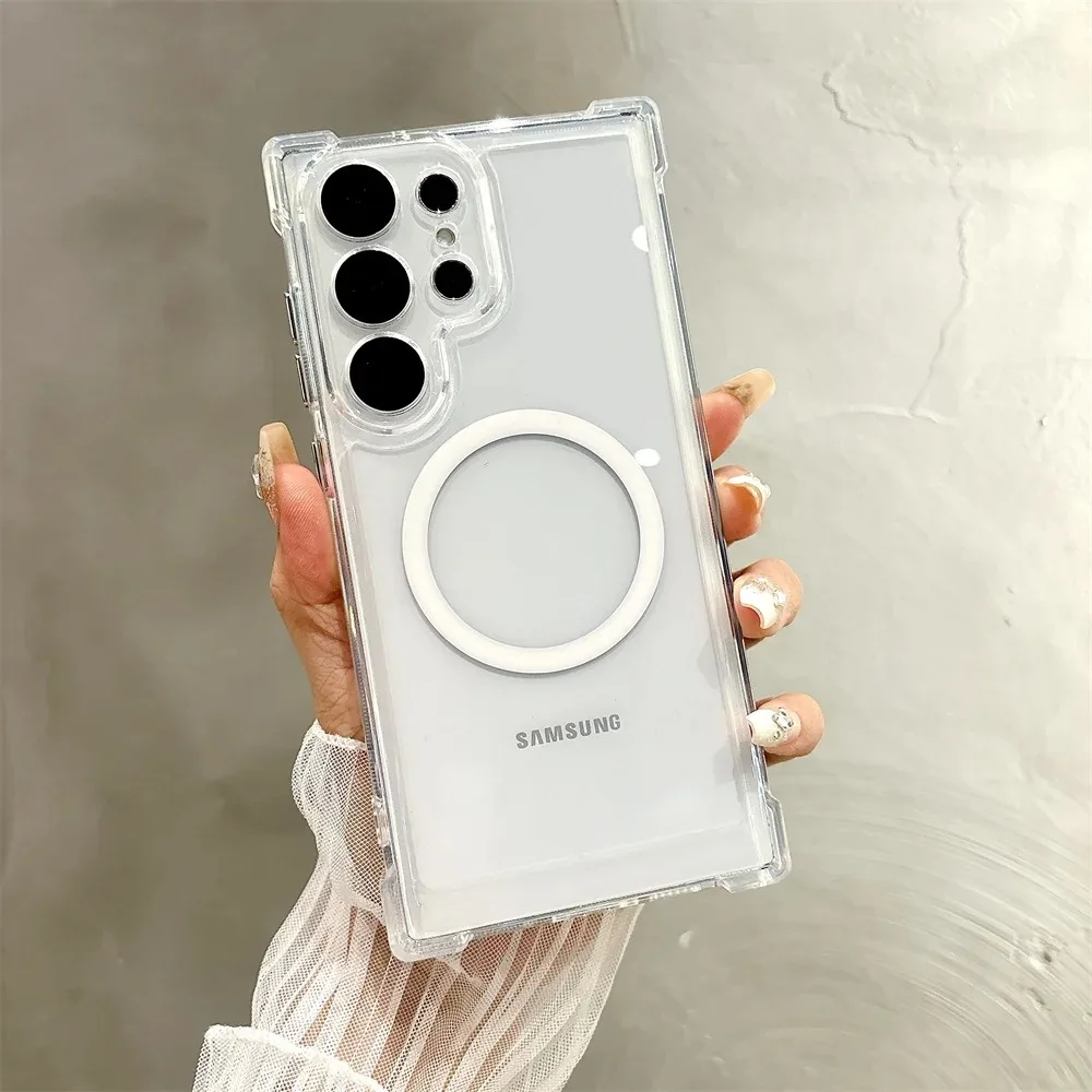 Luxury Transparent Magnetic Phone Case For Samsung Galaxy S26 S25 S24 Ultra Plus S26Ultra Cases Armor Bumper Shockproof Cover