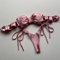 2025 Sexy 2 Pieces Pink Bandeau Bikini Women Korean Swimsuit Thong Swimwear Big Bow Bikinis Ruffle Beach Wear Y2K Bathing Suit