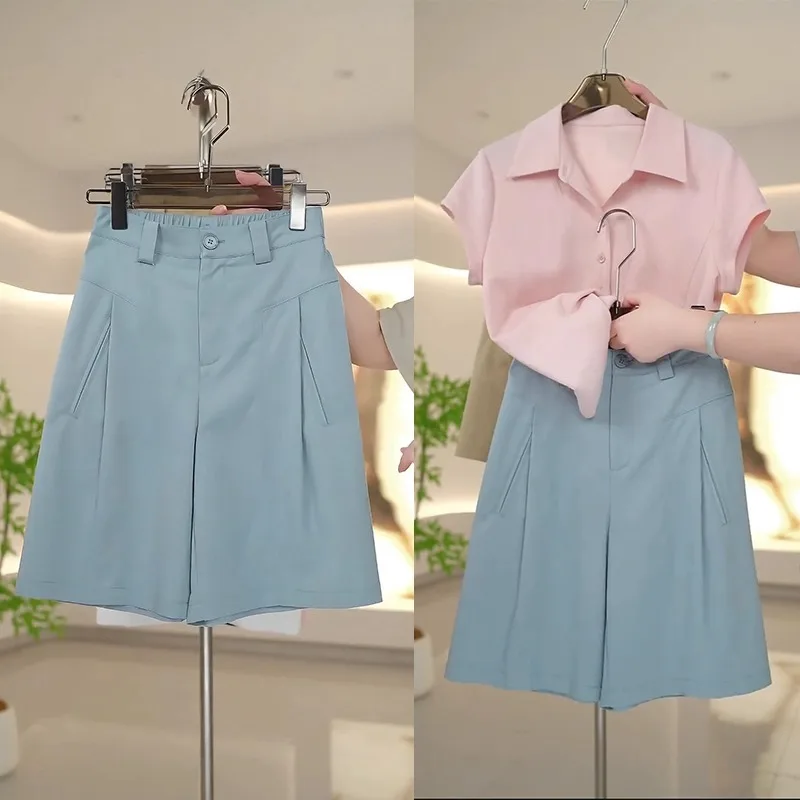 

Blue Suit Shorts for Women, Summer Thin Mid-Length Casual Versatile Five-Point Accordion Shorts