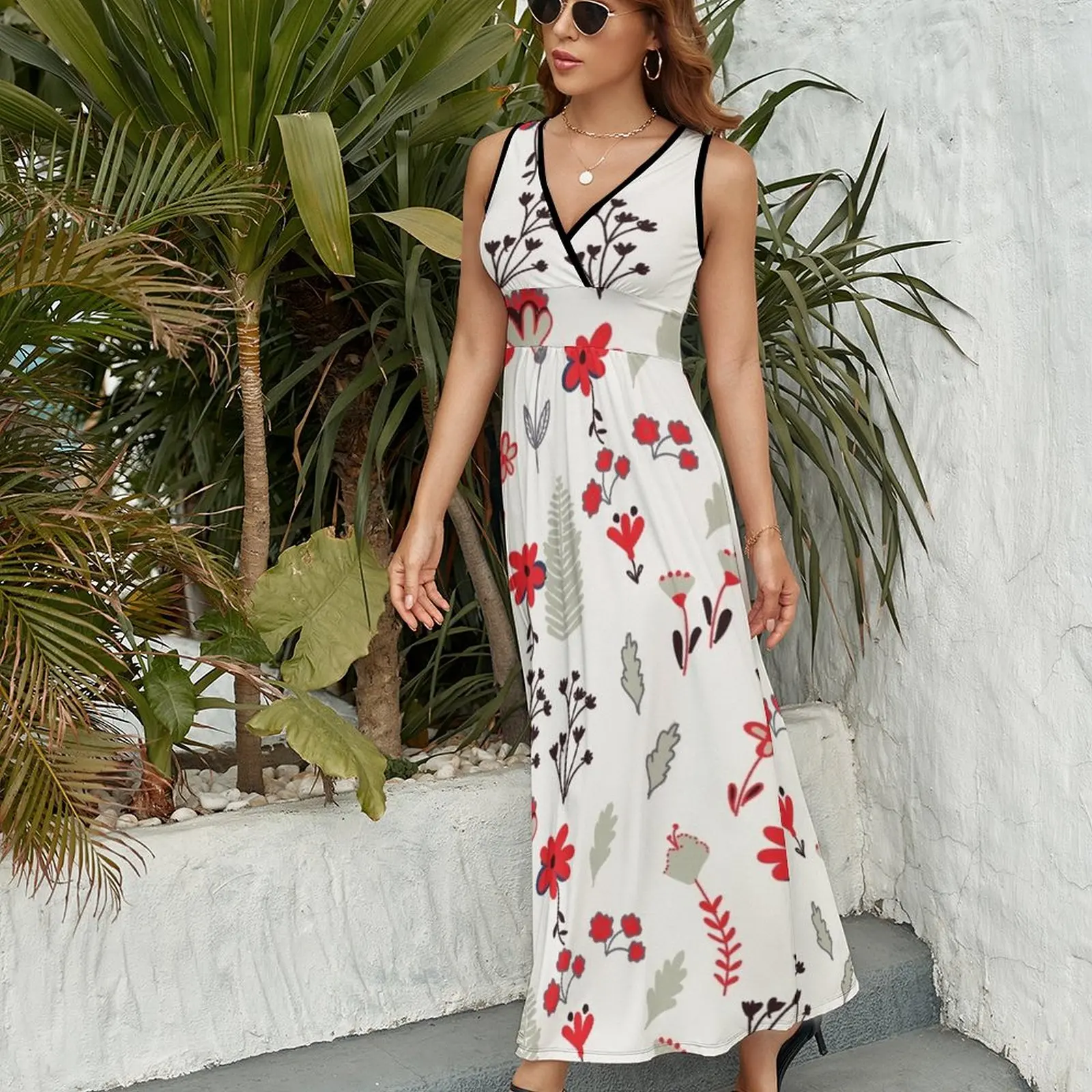 Vestido sem mangas com padrão floral vintage feminino, terno vermelho, moda verão, 2024