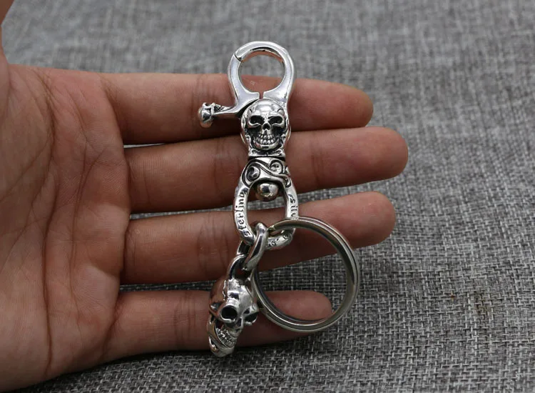 Sterling Silver 925 Key Ring Punk Cross Flower Skull High End Key Chain Leather Bag Chain Pendant