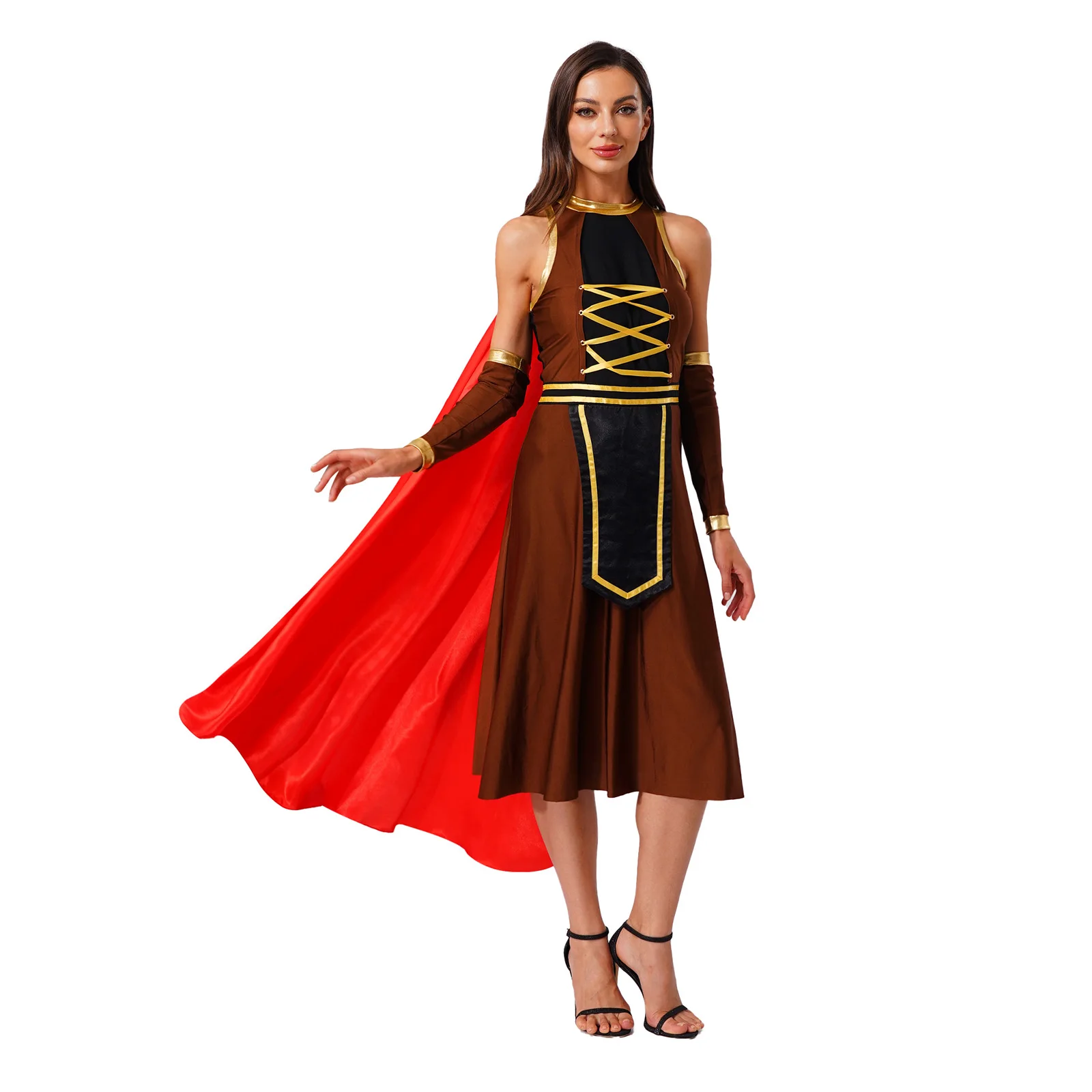 

Womens Halloween Ancient Roman Warrior Queen Cosplay Dress with Detachable Sleeves And Cloak Hero Gladiator Dress-up Costume