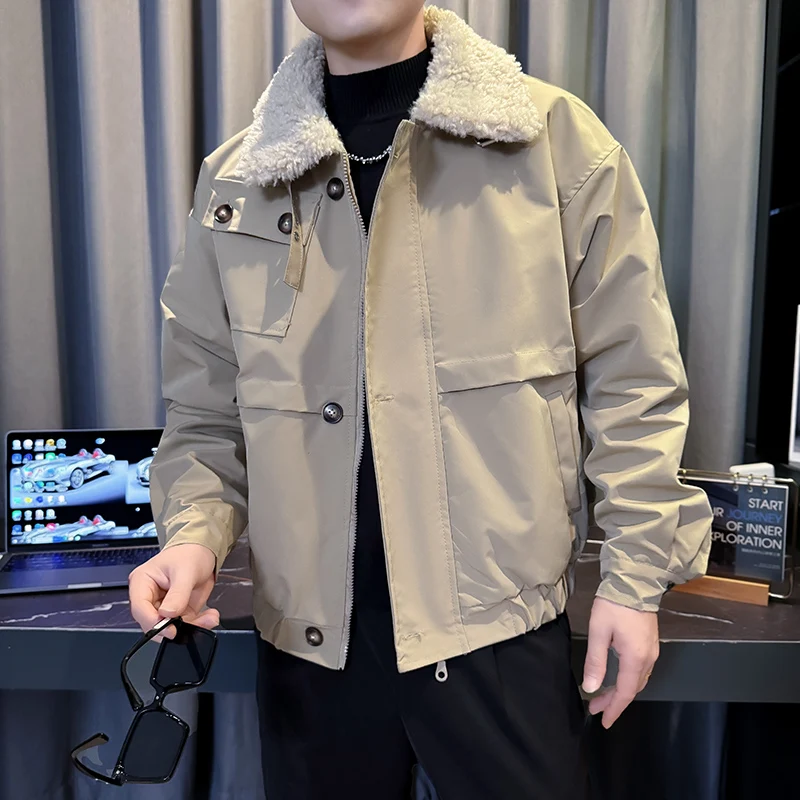 

Korean Lamb Fur Collar Lapel Splicing Thickened Warm Cotton Jacket Men Casual Social Streetwear Puffer Thick Parkas Men Clothing
