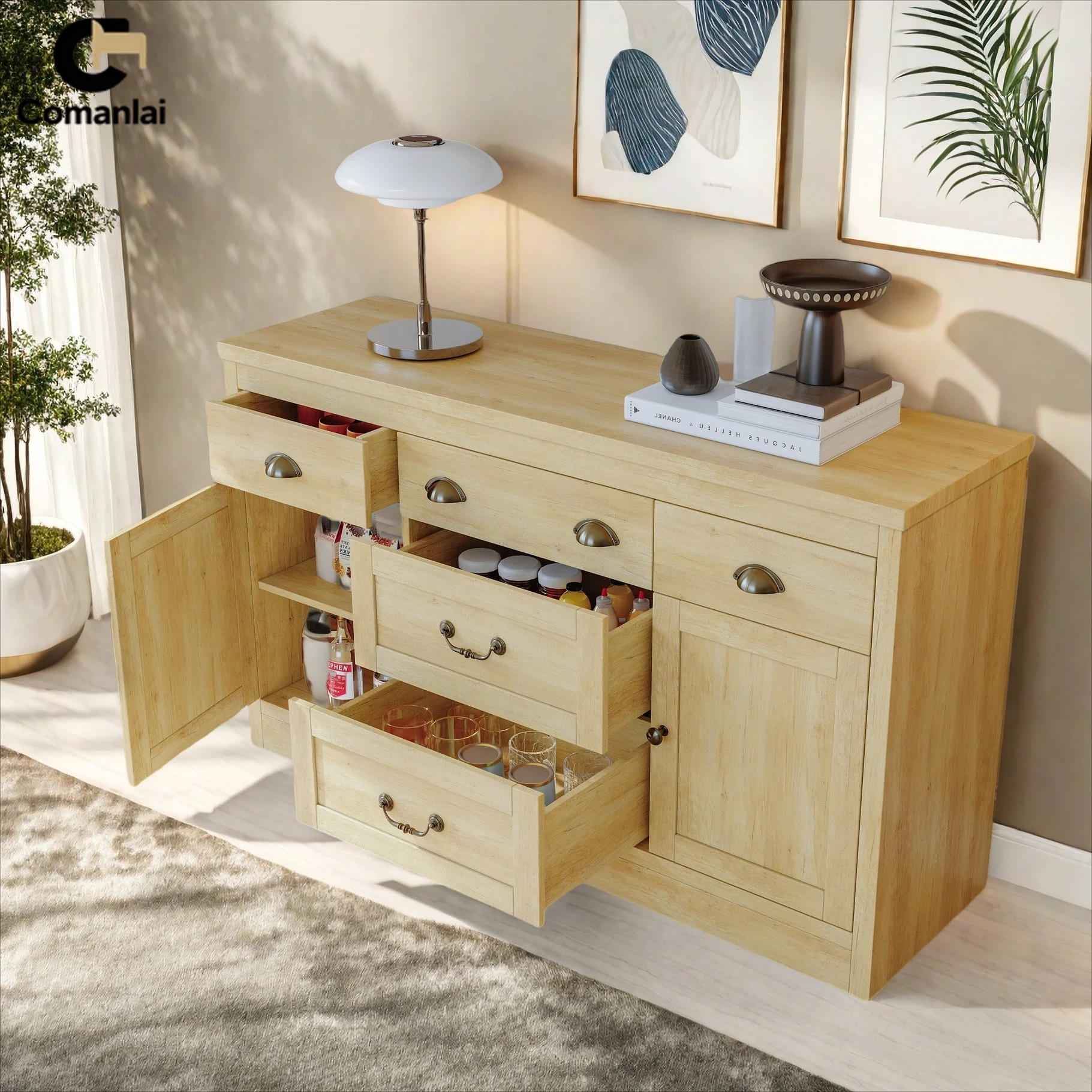 Comanlai Küchenschrank mit 5 Schubladen & 2 Türen Holz-Kommode Wohnzimmer-Aufbewahrungsschrank Sideboard 135x39,8x80cm