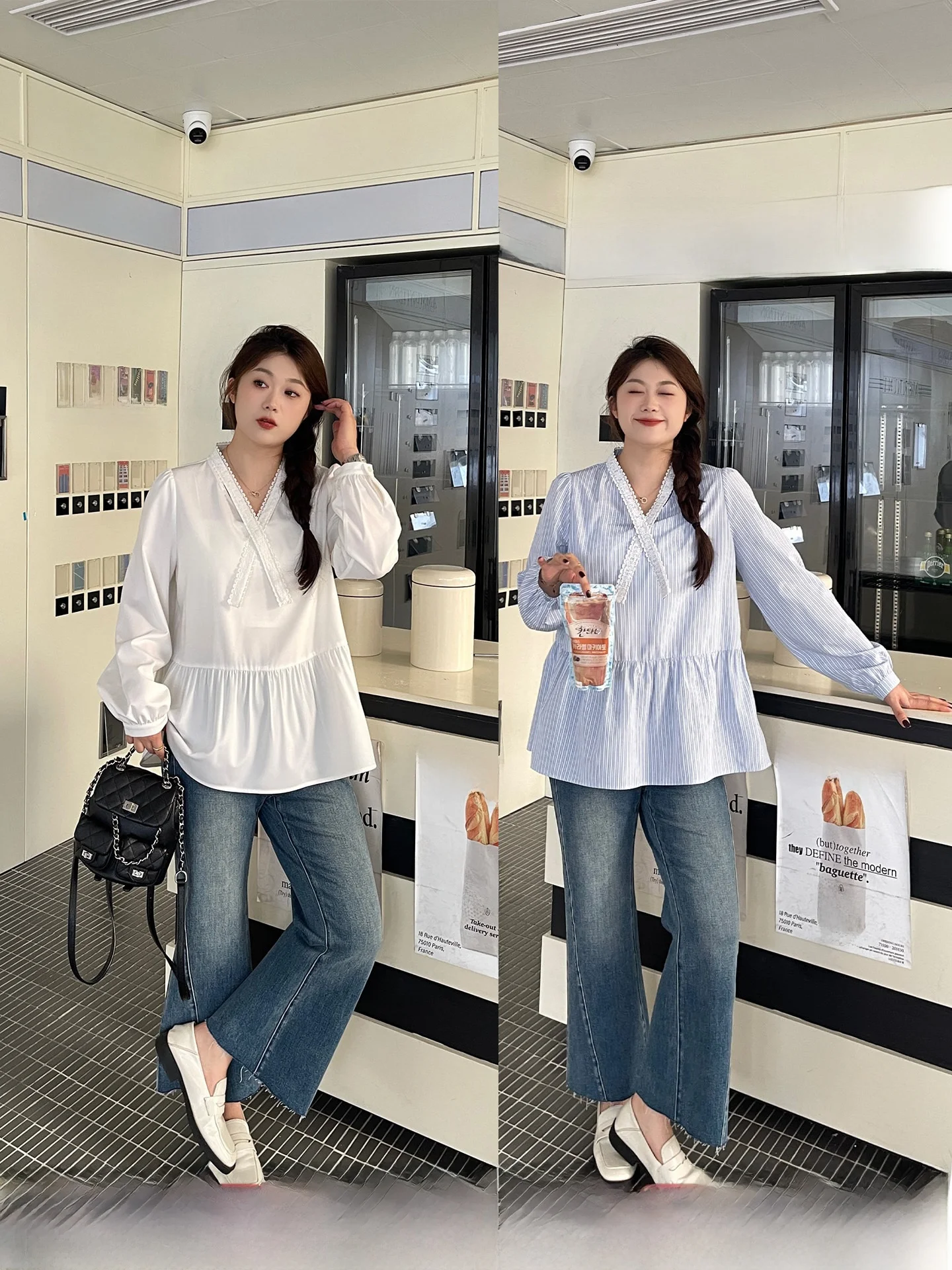 

Loose Women's V-ne irt with Lace Trim Polyester Fiber Long Sve Casual Sle Autumn Faion plus Size Top by Li Xiaoa