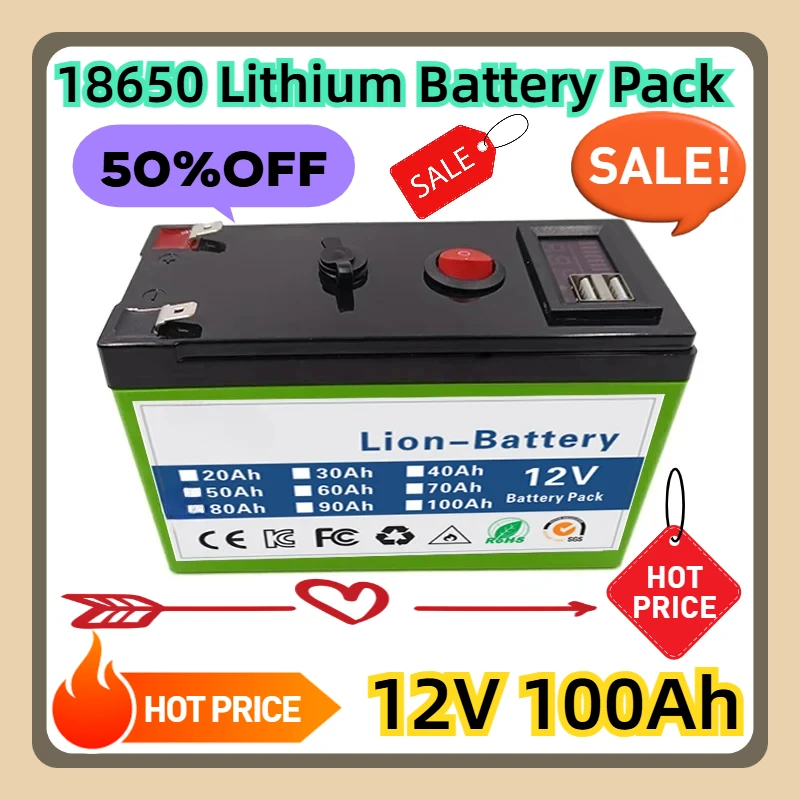 

18650 Lithium Battery Pack Rechargeable Battery for Solar Energy Electric Vehicle Battery 12.6v3A Charger 12V 100Ah