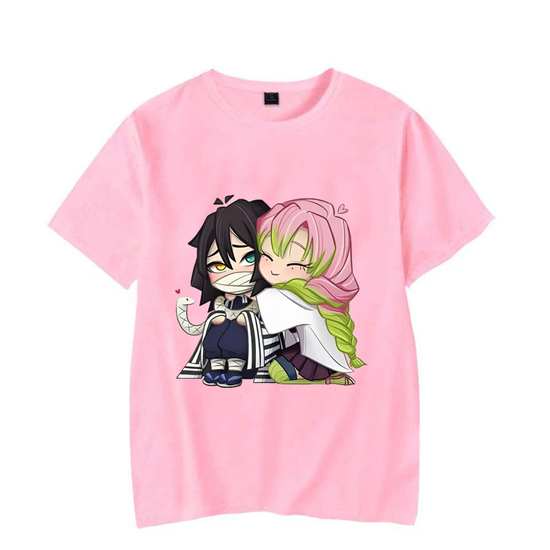 Śmieszne Kanroji Mitsuri Iguro Obanai Cartoon Print T-Shirt Couple Loose Short Sleeve Round Neck Top Anime Casual Shirt Tees