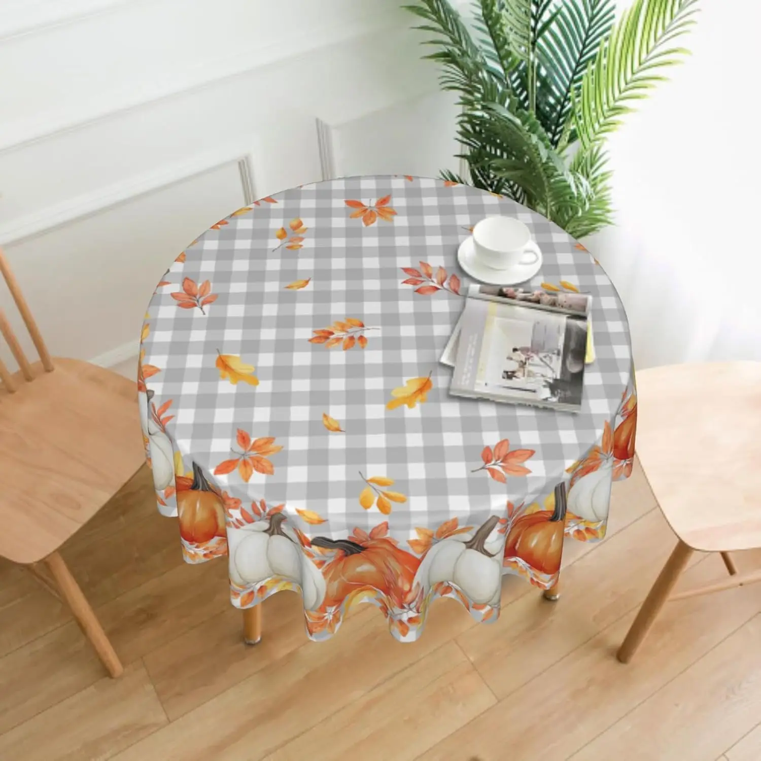 Fall Tablecloth 60 Inch Round Autumn Orange White Pumpkins Festival Table Cloth Water-Resistant Spill-Proof Washable Fabric
