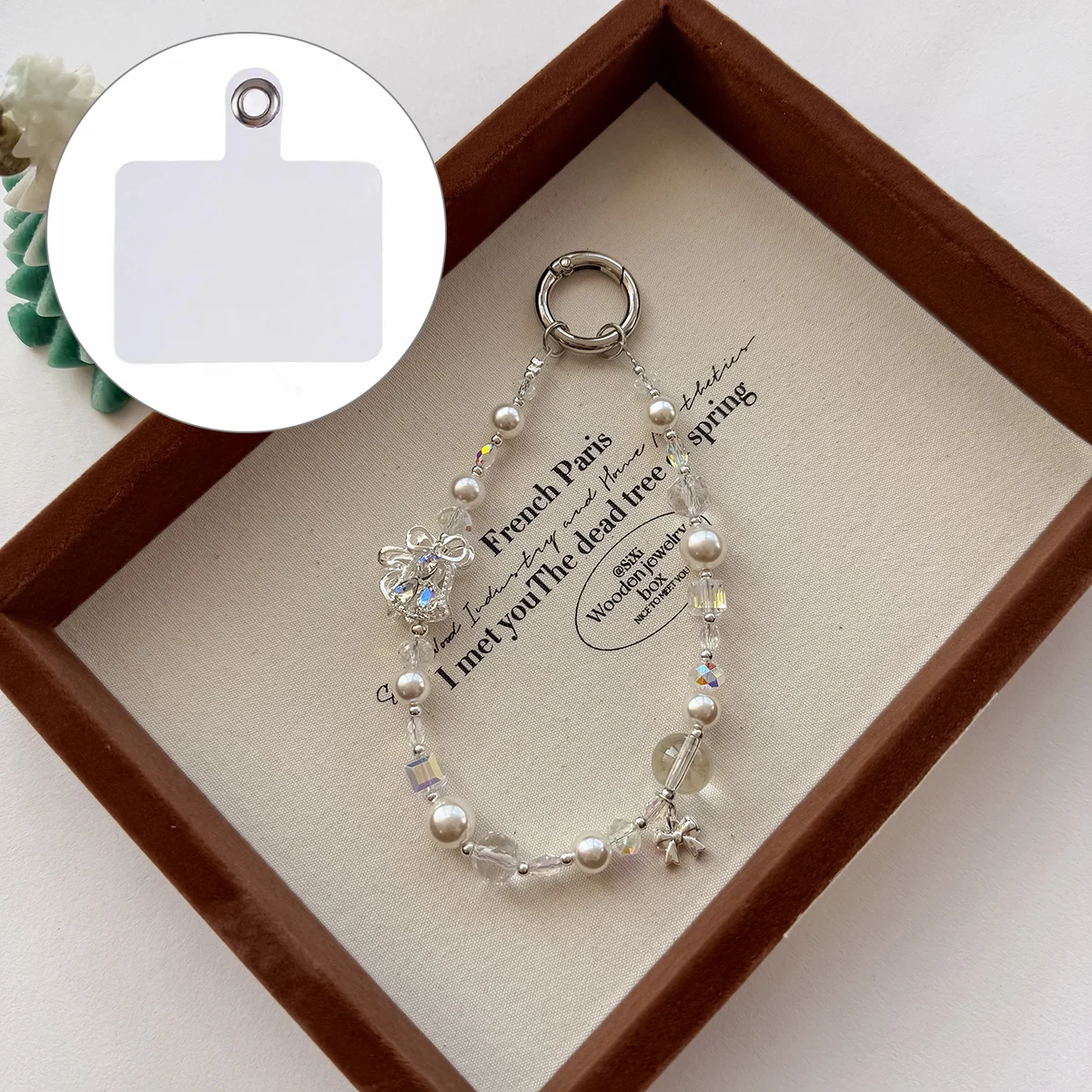 

A1167 30cm Phone Charm Strap Zircon Bell Pearl Crystal Beaded Keychain Wrist Phone Lanyard with Removable Blank White Card - Whi