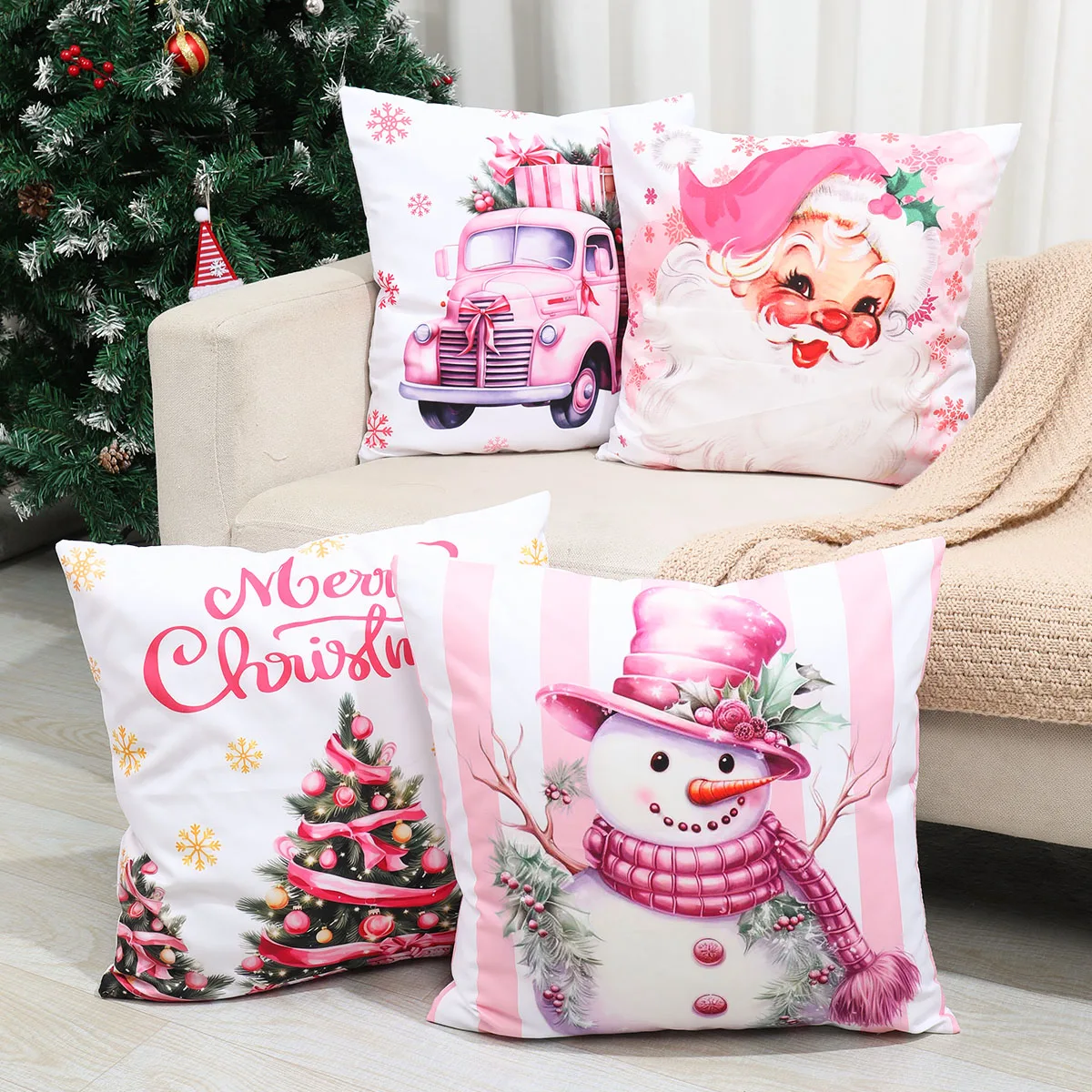 Christmas Santa Claus Pillowcase Navidad Natal Noel Pink Snowman Cushion Cover Merry Christmas Decor For Home 2024 New Year 2025