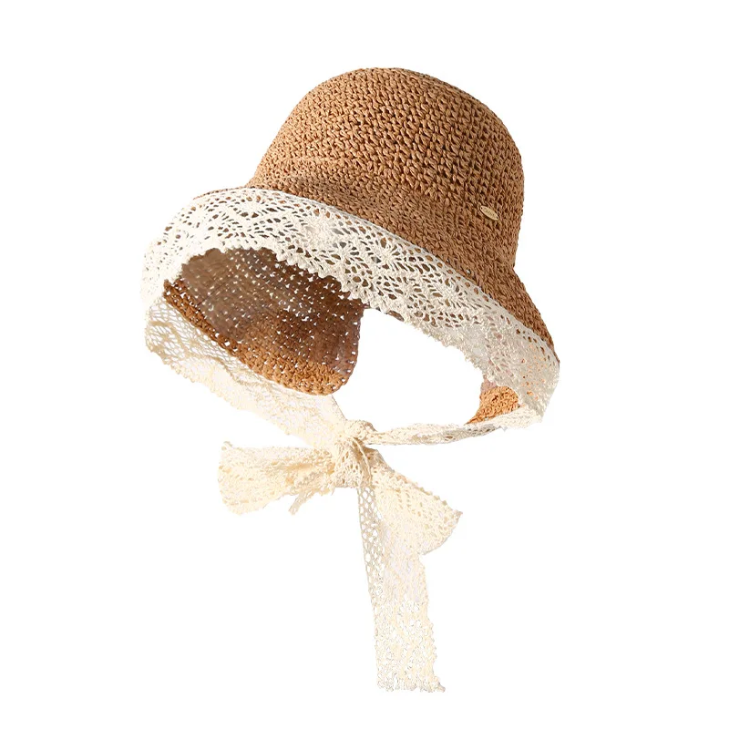 Chapeau de plage en dentelle pour femmes, mode d'été, bord de mer, vacances, protection solaire, chapeau de paille, Shopping, casquette de pêcheur pliable