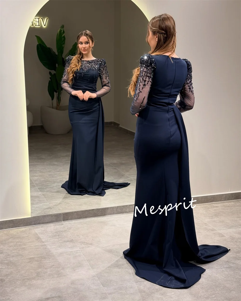 Moda personalizada jérsei lantejoulas miçangas coluna o-pescoço vestidos longos sob medida vestidos de ocasião arábia saudita